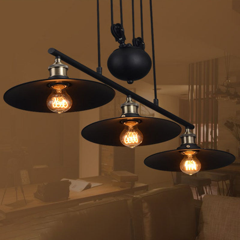 3 Lights Pulley Pendant Industrial Metal Black Hanging Island Light with Flared Shade