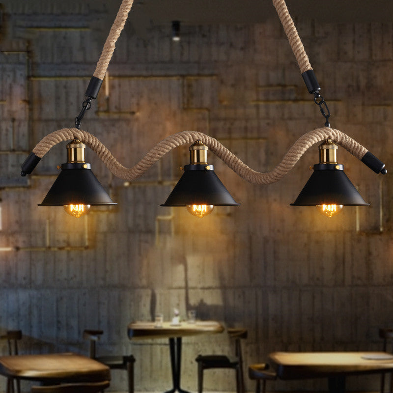 Black Conical Island Lighting Industrial Hemp Rope 3-Head Dining Room Pendant Lamp