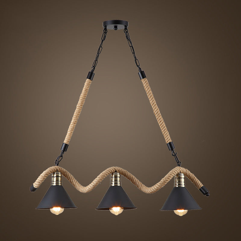 Black Conical Island Lighting Industrial Hemp Rope 3-Head Dining Room Pendant Lamp