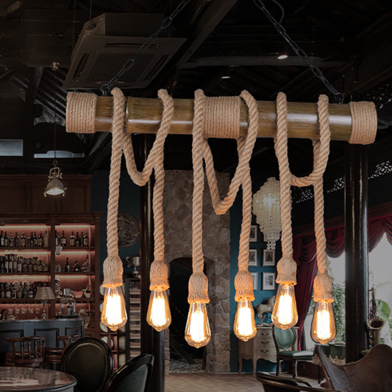 6-Light Hemp Rope Pendant Rustic Beige Exposed Bulb Restaurant Island Light