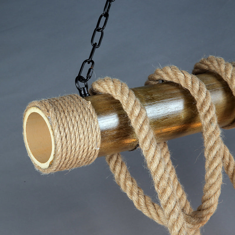 6-Light Hemp Rope Pendant Rustic Beige Exposed Bulb Restaurant Island Light