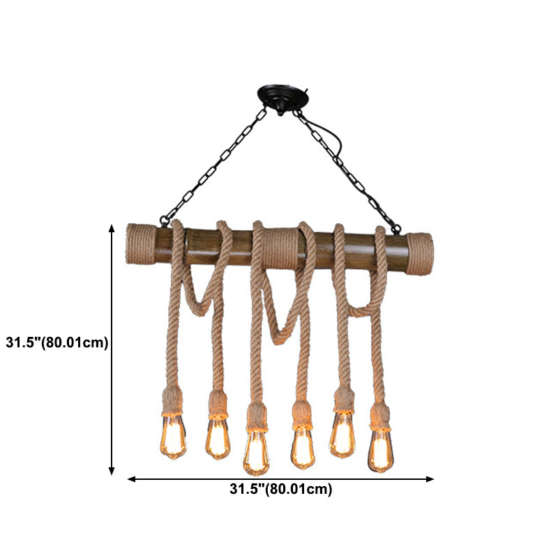 6-Light Hemp Rope Pendant Rustic Beige Exposed Bulb Restaurant Island Light