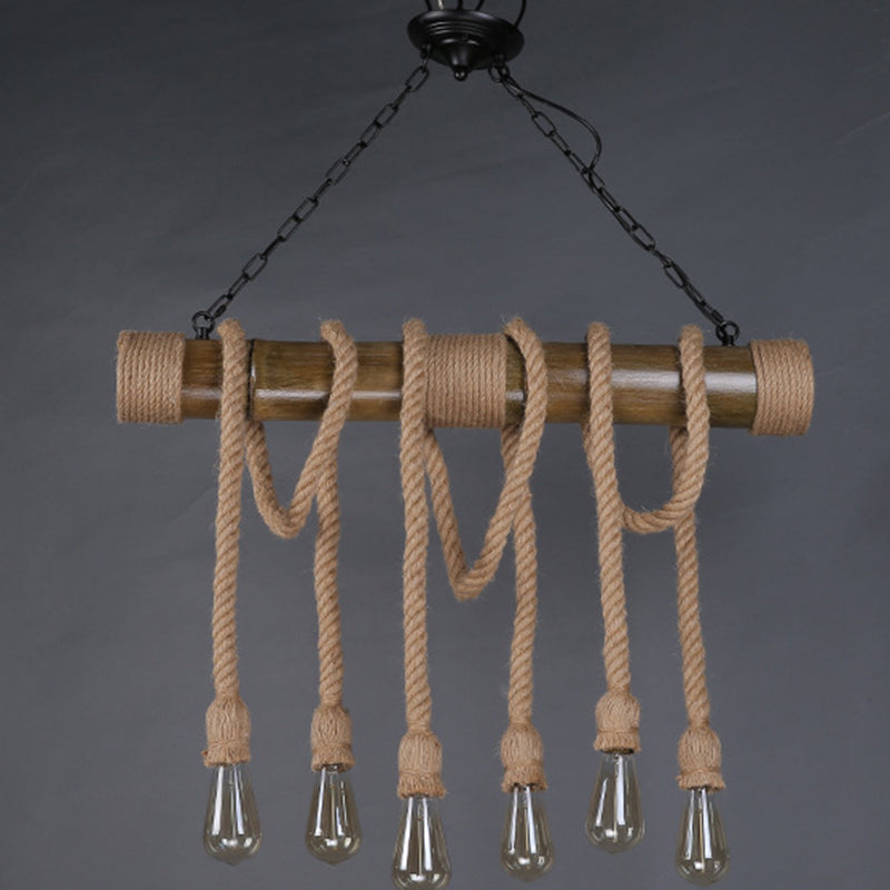 6-Light Hemp Rope Pendant Rustic Beige Exposed Bulb Restaurant Island Light