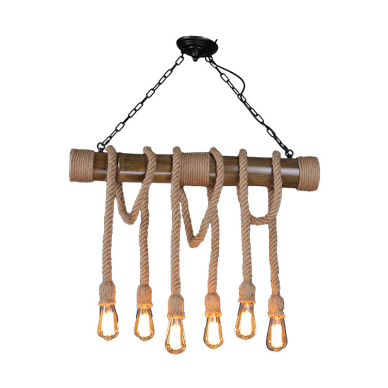6-Light Hemp Rope Pendant Rustic Beige Exposed Bulb Restaurant Island Light