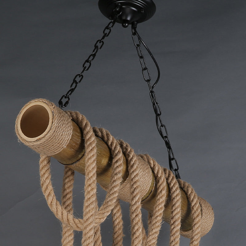 6-Light Hemp Rope Pendant Rustic Beige Exposed Bulb Restaurant Island Light
