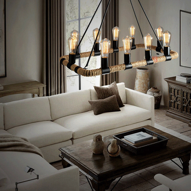 Rectangular Hemp Rope Island Lamp Industrial 10-Light Dining Room Suspension Light