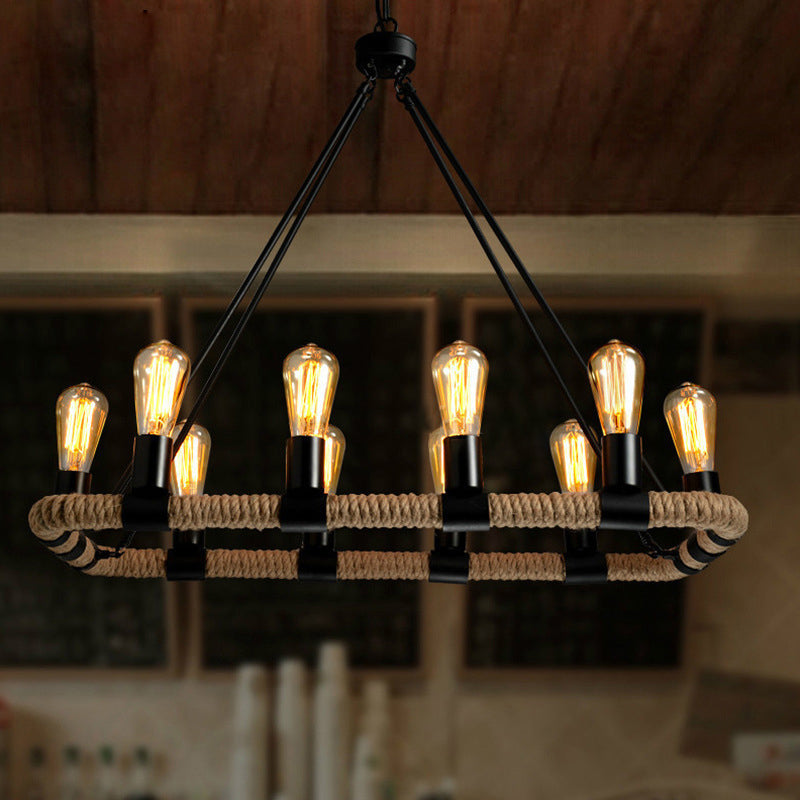Rectangular Hemp Rope Island Lamp Industrial 10-Light Dining Room Suspension Light