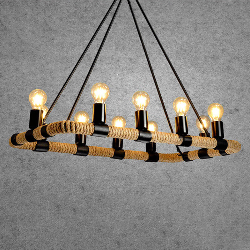 Rectangular Hemp Rope Island Lamp Industrial 10-Light Dining Room Suspension Light