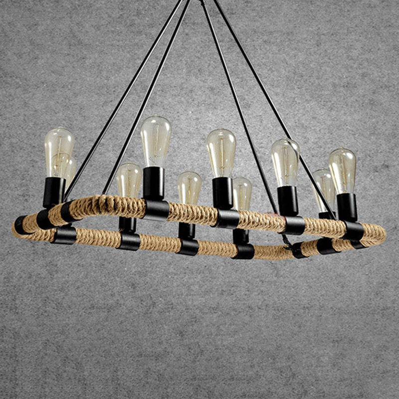 Rectangular Hemp Rope Island Lamp Industrial 10-Light Dining Room Suspension Light