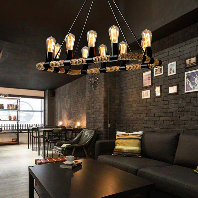 Rectangular Hemp Rope Island Lamp Industrial 10-Light Dining Room Suspension Light
