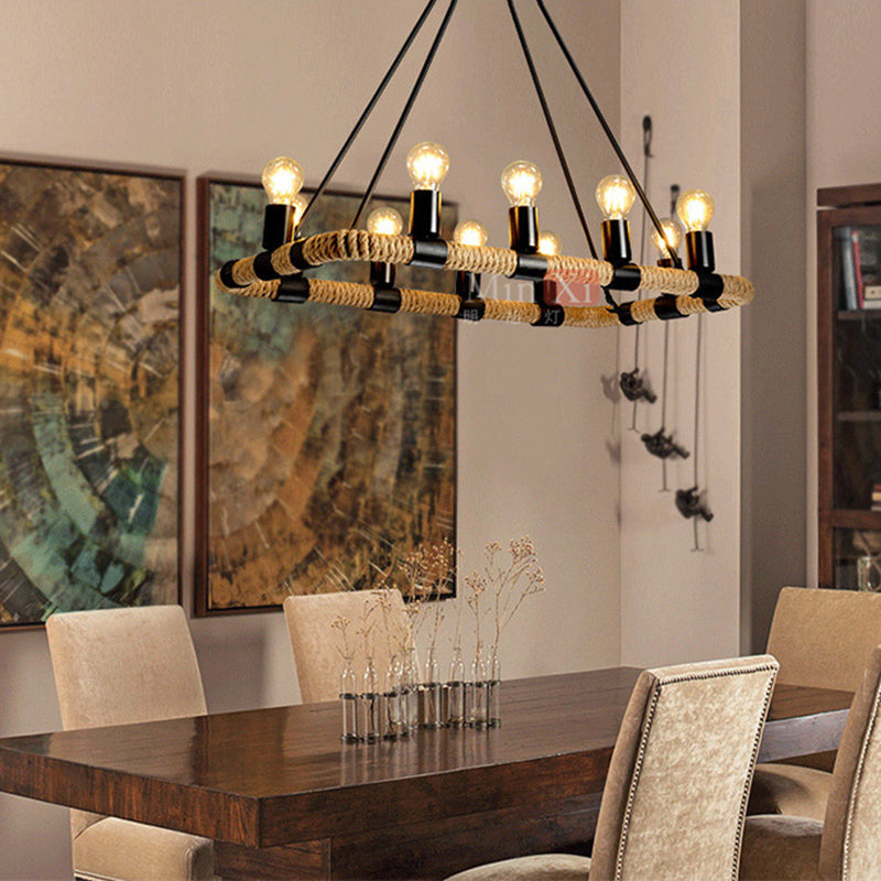 Rectangular Hemp Rope Island Lamp Industrial 10-Light Dining Room Suspension Light