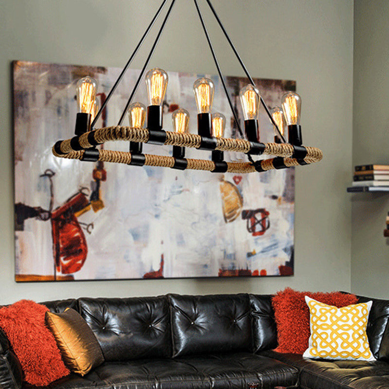 Rectangular Hemp Rope Island Lamp Industrial 10-Light Dining Room Suspension Light