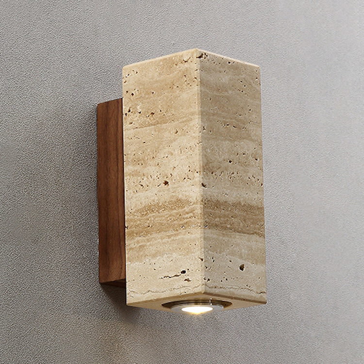 Japanese Style Stone Wall Light Cube Shape Wall Sconce with Wood for Bedroom