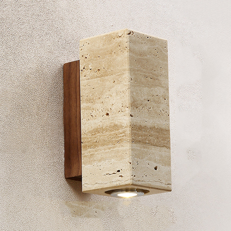 Japanese Style Stone Wall Light Cube Shape Wall Sconce with Wood for Bedroom