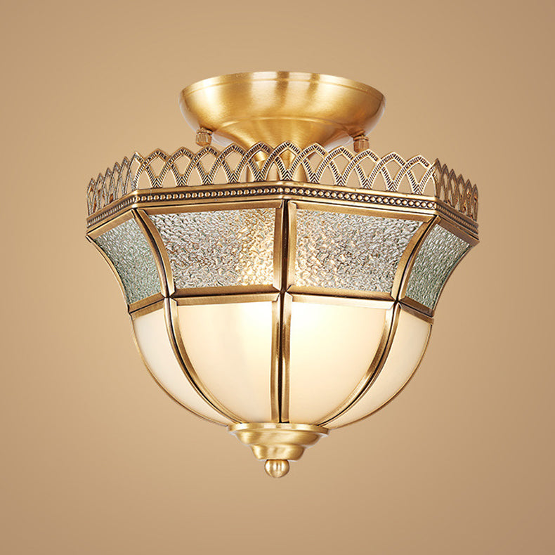 Schoolhouse Aisle Close to Ceiling Lighting Vintage Glass Brass Semi Flush Light