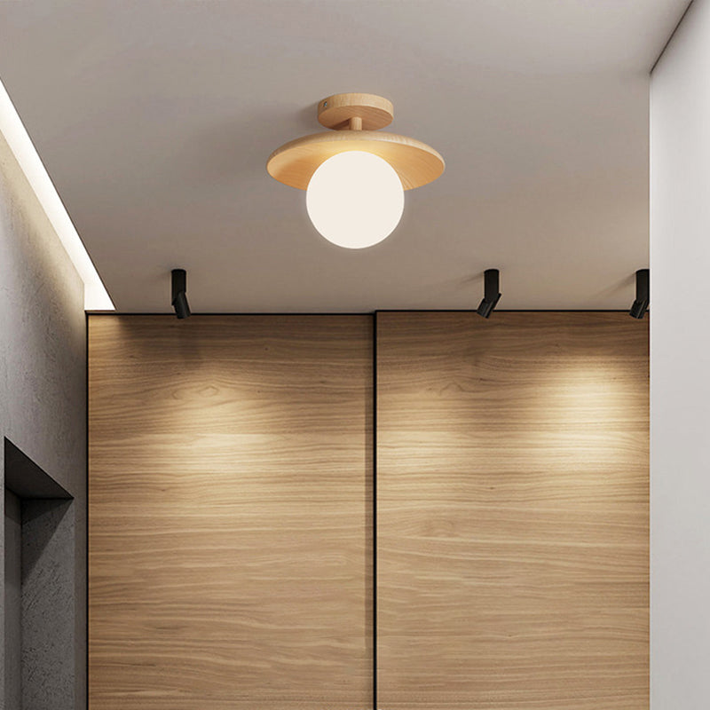 Modern Style Spherical Shape Ceiling Light Wood 1 Light Ceiling Light for Restaurant