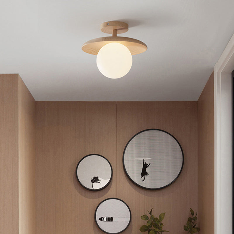 Modern Style Spherical Shape Ceiling Light Wood 1 Light Ceiling Light for Restaurant