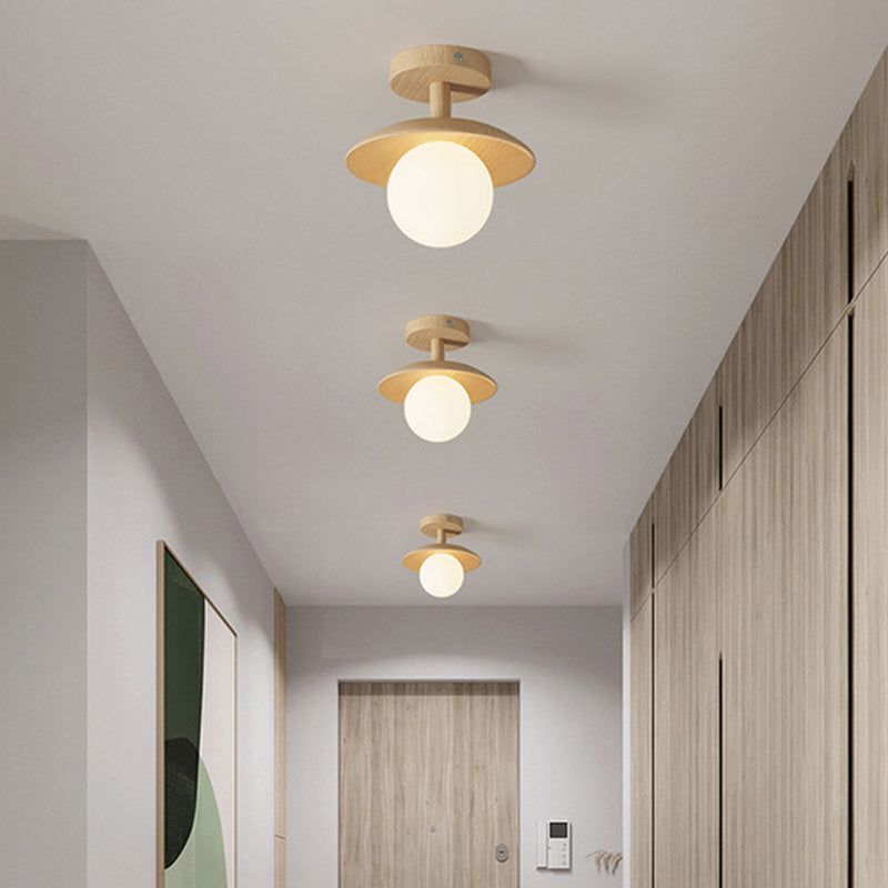 Modern Style Spherical Shape Ceiling Light Wood 1 Light Ceiling Light for Restaurant
