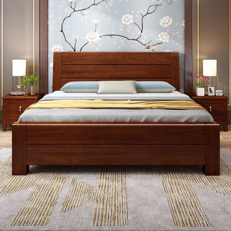 Mid-Century Modern Bed in Pine Wood with Sleigh Headboard Sleigh Bed