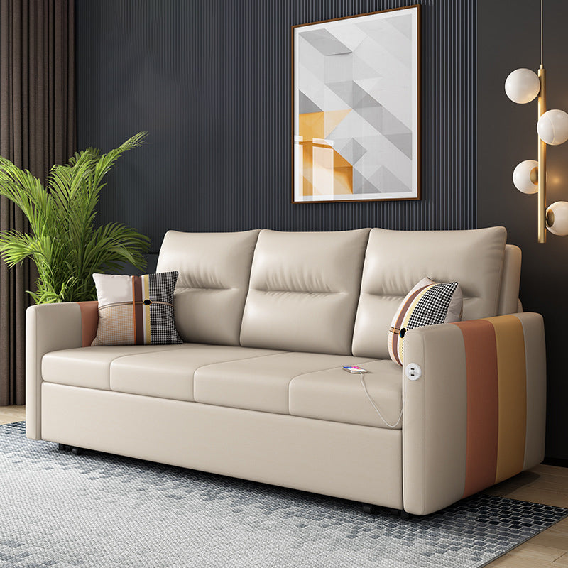 Faux Leather Sofa Stain Resistant Sewn Pillow Back Sofa Bed in Light Brown