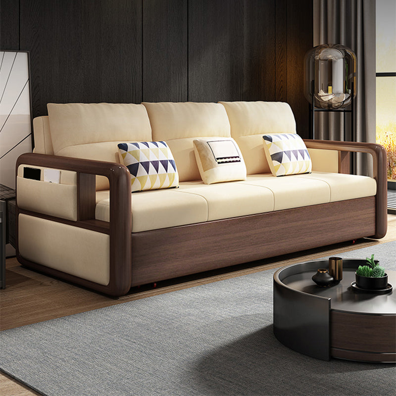 Modernism Brown Fabric Sofa Bed Solid Wood Sofa with Storage