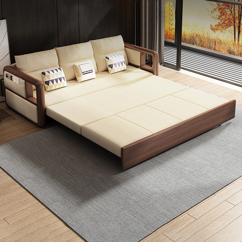 Modernism Brown Fabric Sofa Bed Solid Wood Sofa with Storage