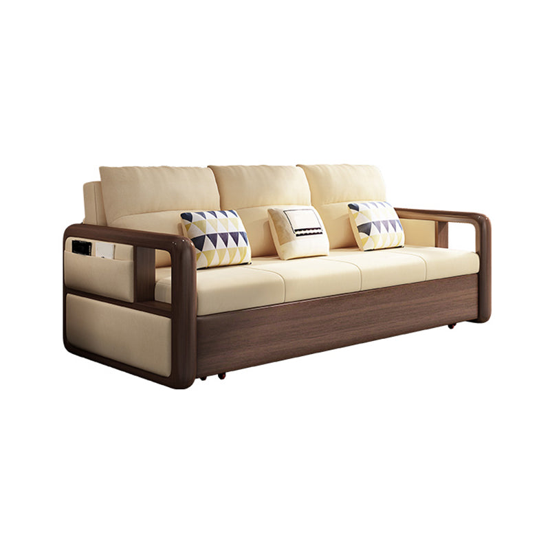 Modernism Brown Fabric Sofa Bed Solid Wood Sofa with Storage