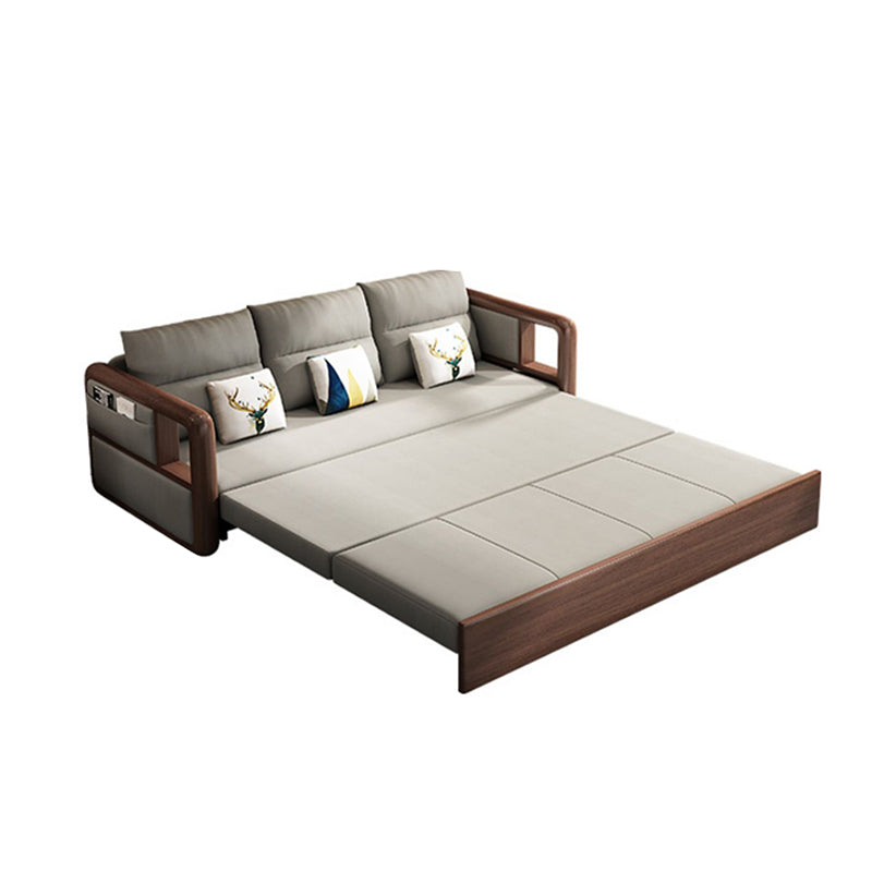 Fabric Sewn Pillow Back Sofa Round Arm Sofa Bed in Walnut Finish