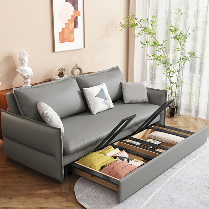 Grey Faux Leather Sofa Bed with Storage Sewn Pillow Back Sofa