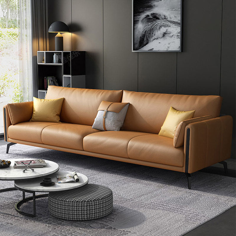Contemporary Leather Sofa Round Arm Sofa with Bolster Pillows