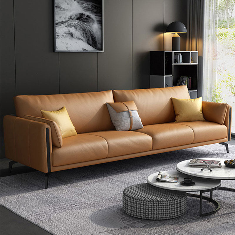 Contemporary Leather Sofa Round Arm Sofa with Bolster Pillows
