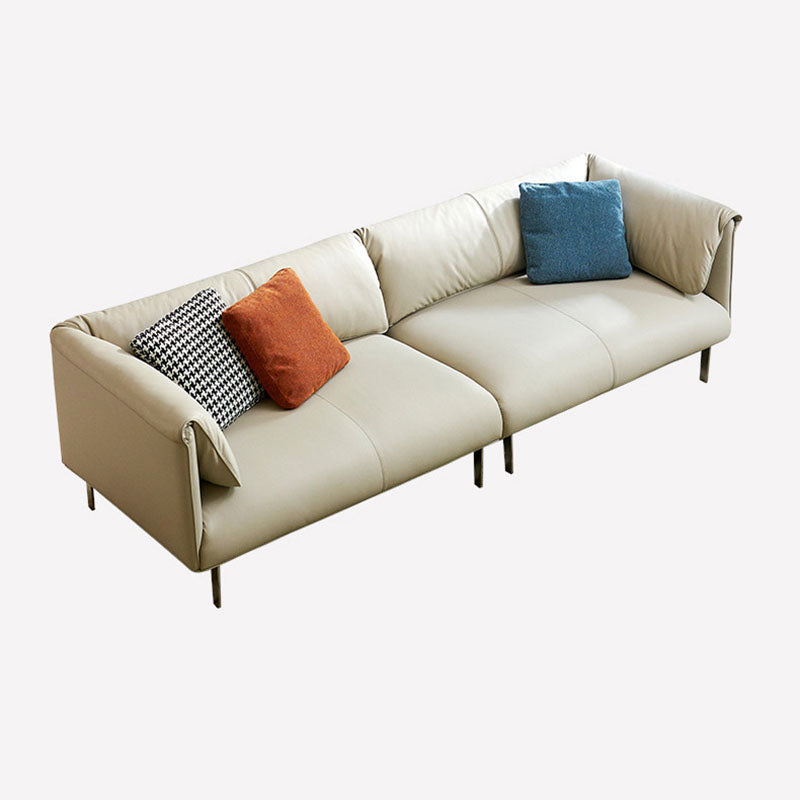 Modernism Leather Sofa in Khaki Tuxedo Arm Sofa with 3 Pillows