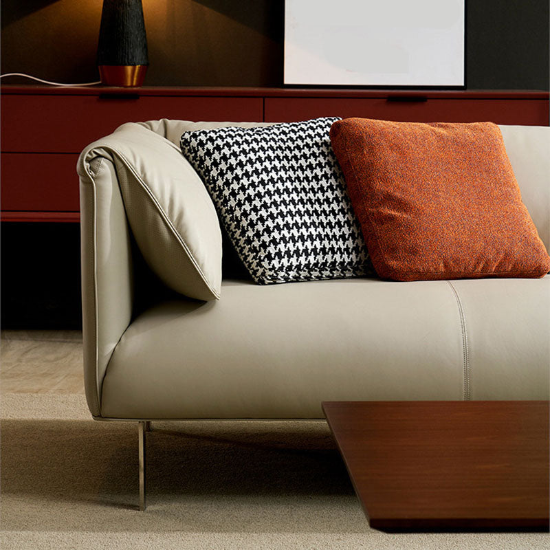 Modernism Leather Sofa in Khaki Tuxedo Arm Sofa with 3 Pillows