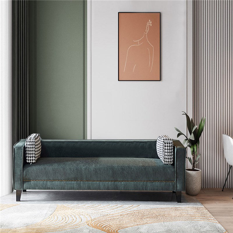 Contemporary Dark Green Sofa Tuxedo Arm Faux Leather Living Room Sofa