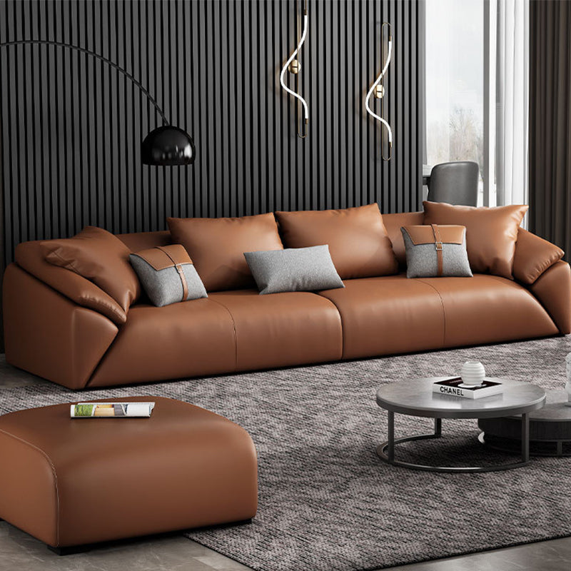 Orange Faux Leather Sofa Modern Pillow Top Arm Sofa with Pillows