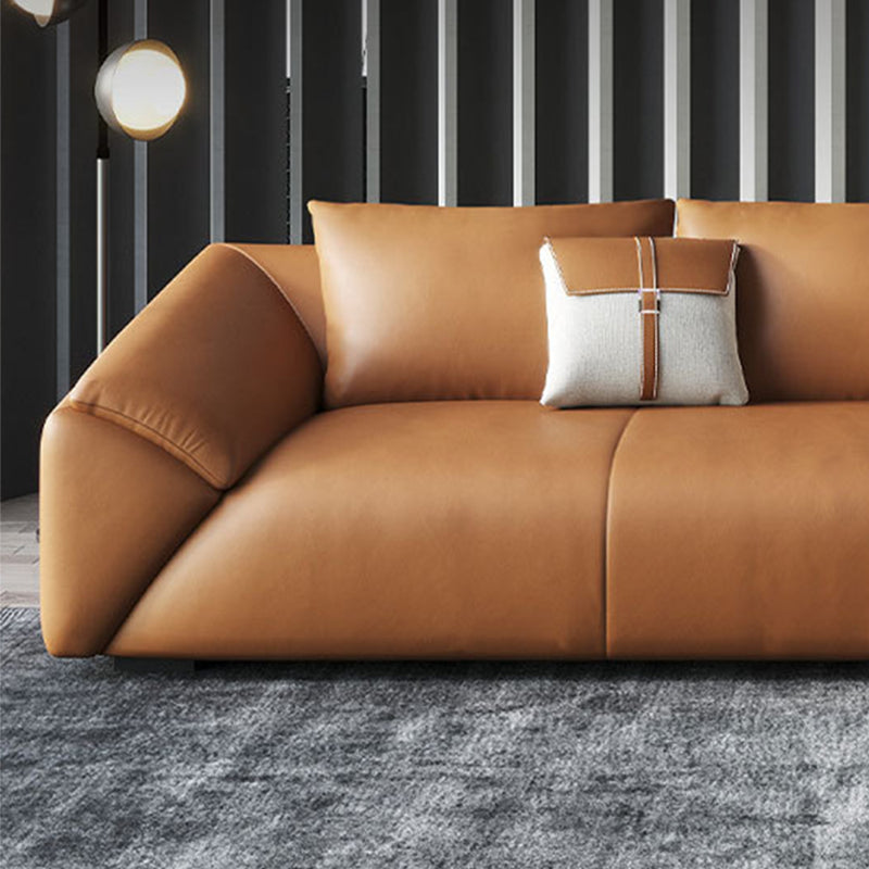 Orange Faux Leather Sofa Modern Pillow Top Arm Sofa with Pillows