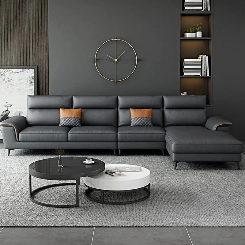 Modern 4-Seater Pillow Top Arm Sofa Faux Leather Sofa with Chaise - 129.9" W