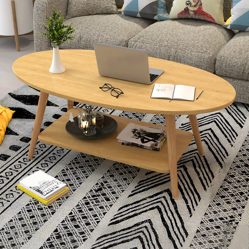 Modern Oval Solid Wood Coffe Table with Storage Shelf and 4 Legs