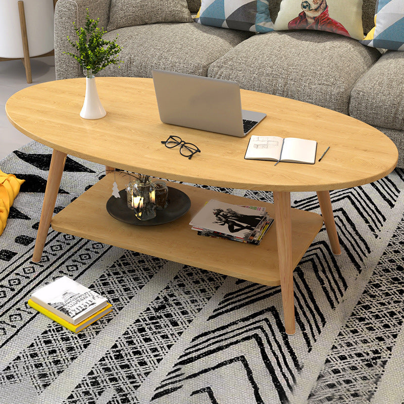 Modern Oval Solid Wood Coffe Table with Storage Shelf and 4 Legs
