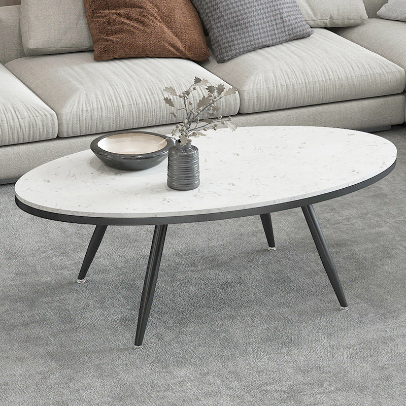 White Oval Stone Top Coffee Table with 4 Iron Legs Single Coffee Table