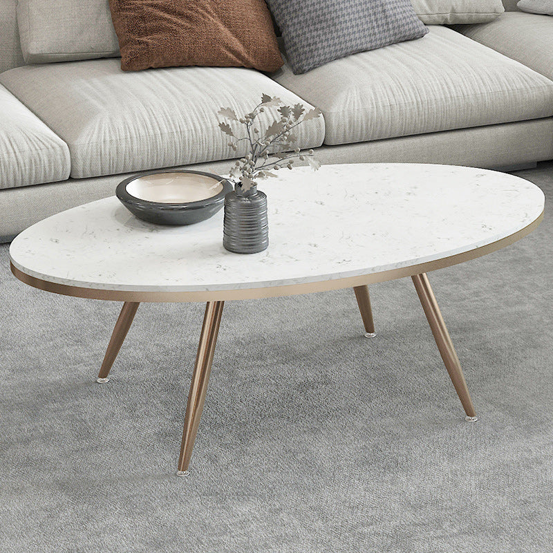 White Oval Stone Top Coffee Table with 4 Iron Legs Single Coffee Table