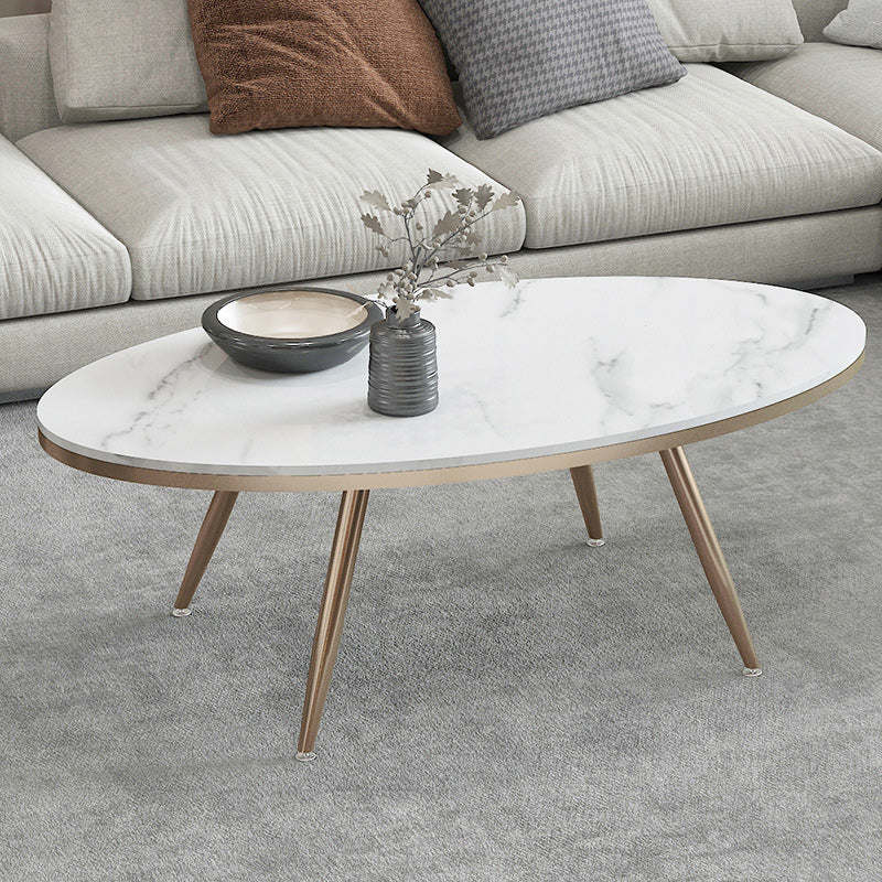 White Oval Stone Top Coffee Table with 4 Iron Legs Single Coffee Table