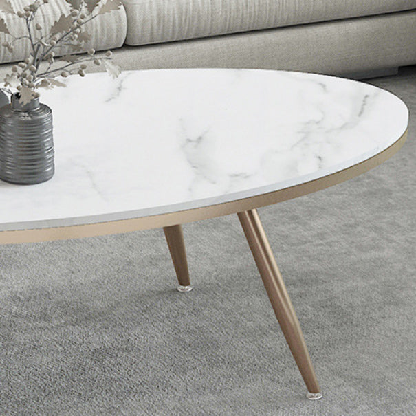 White Oval Stone Top Coffee Table with 4 Iron Legs Single Coffee Table