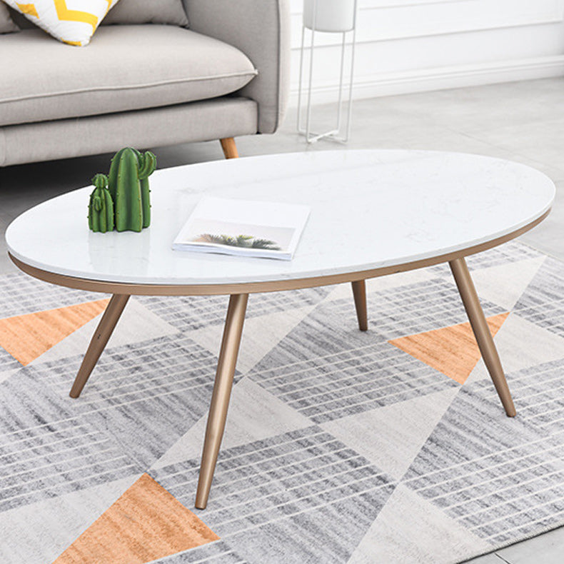 White Oval Stone Top Coffee Table with 4 Iron Legs Single Coffee Table