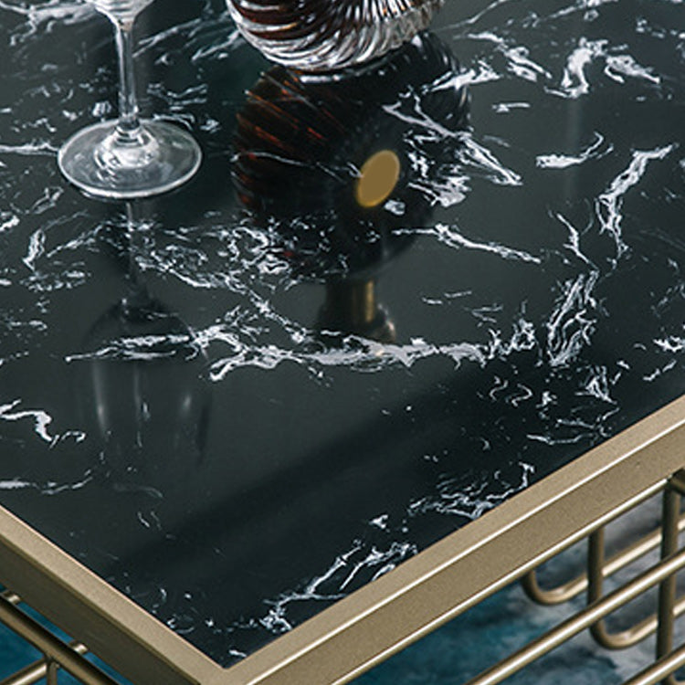 Rectangle Cocktail Table with 3 Iron Shelves and Marble Top Coffee Table