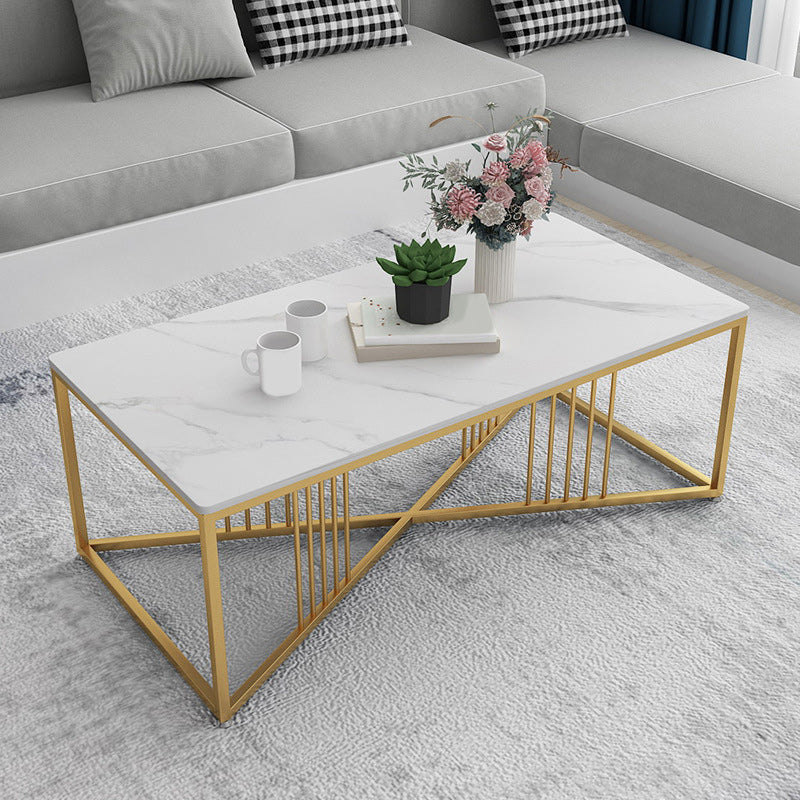 Glam Stone Top Cocktail Table with Golden Iron Cross Base in Rectangle