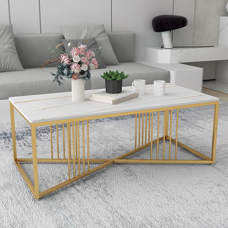 Glam Stone Top Cocktail Table with Golden Iron Cross Base in Rectangle