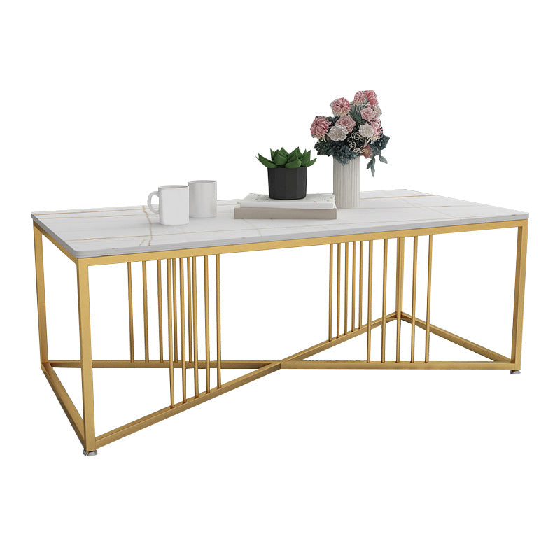 Glam Stone Top Cocktail Table with Golden Iron Cross Base in Rectangle