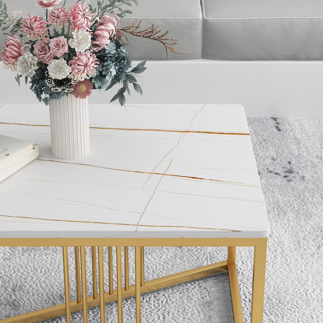 Glam Stone Top Cocktail Table with Golden Iron Cross Base in Rectangle