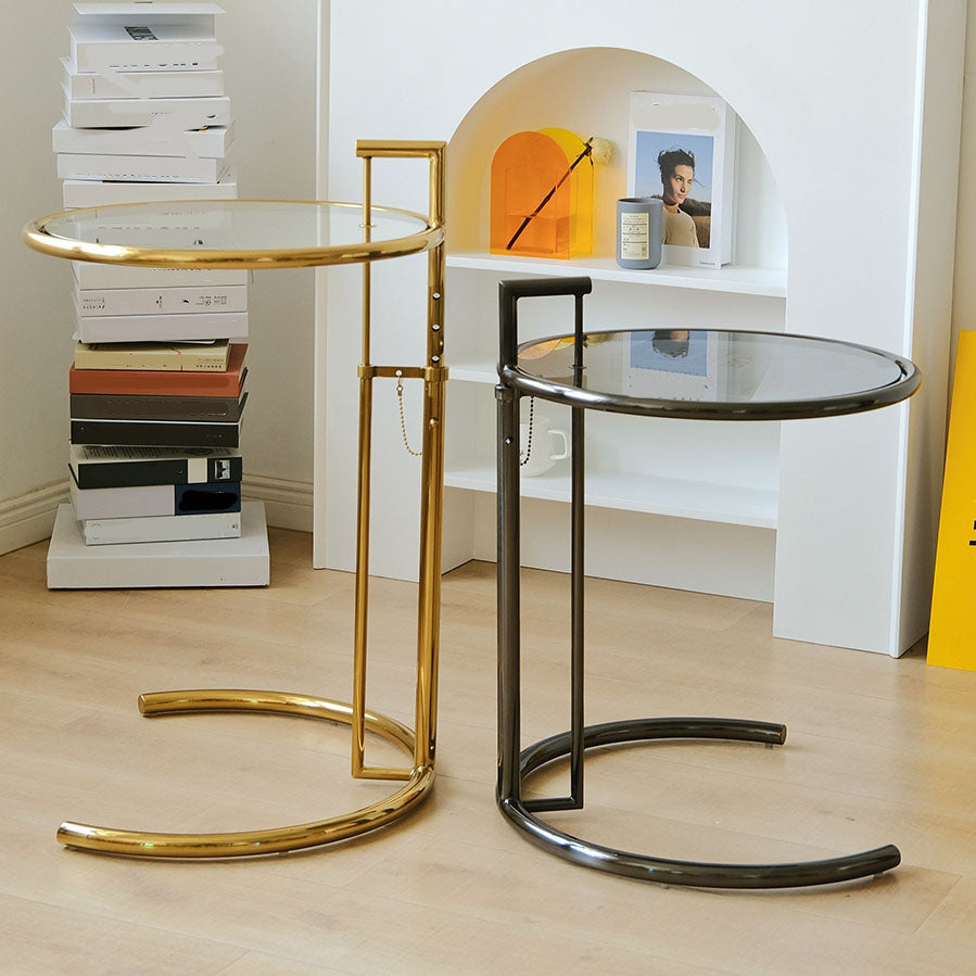 Modern Round Glass Top End Table 26.4" Tall Stainless Steel C Side Table